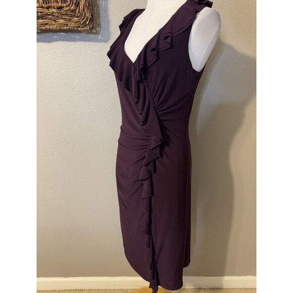 Ralph Lauren Dress 12 Dark Purple Stretch Sleeveless Ruffle V Neck Washable NEW - Picture 3 of 10